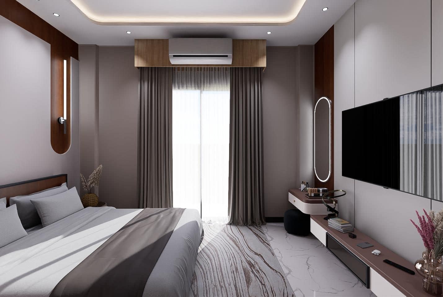 Daylight axis with vanity and media wall opposite the bed.