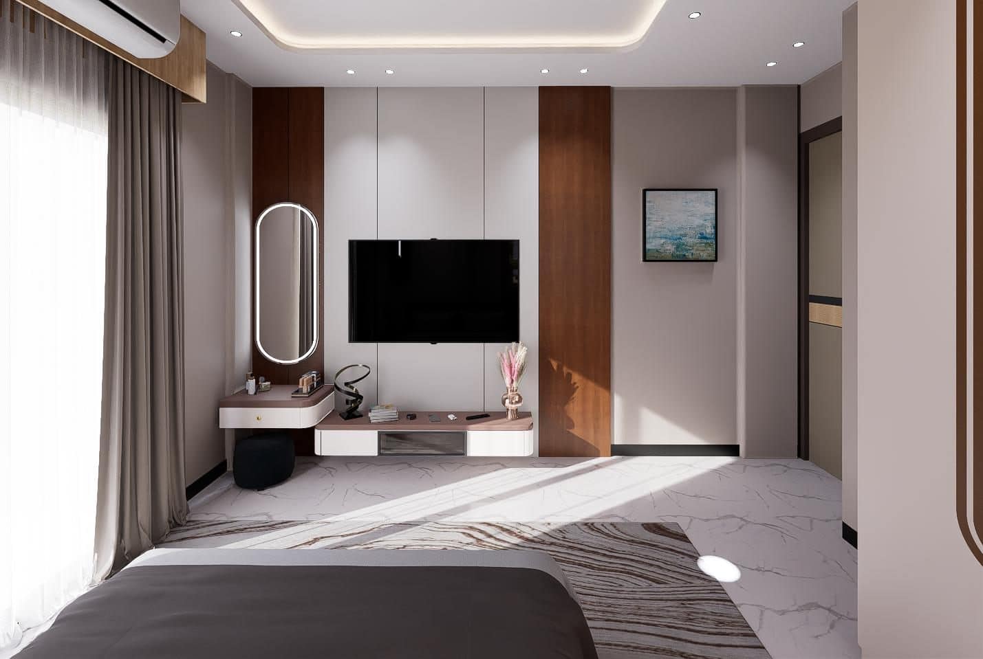 Alternating walnut and light panels framing the television.