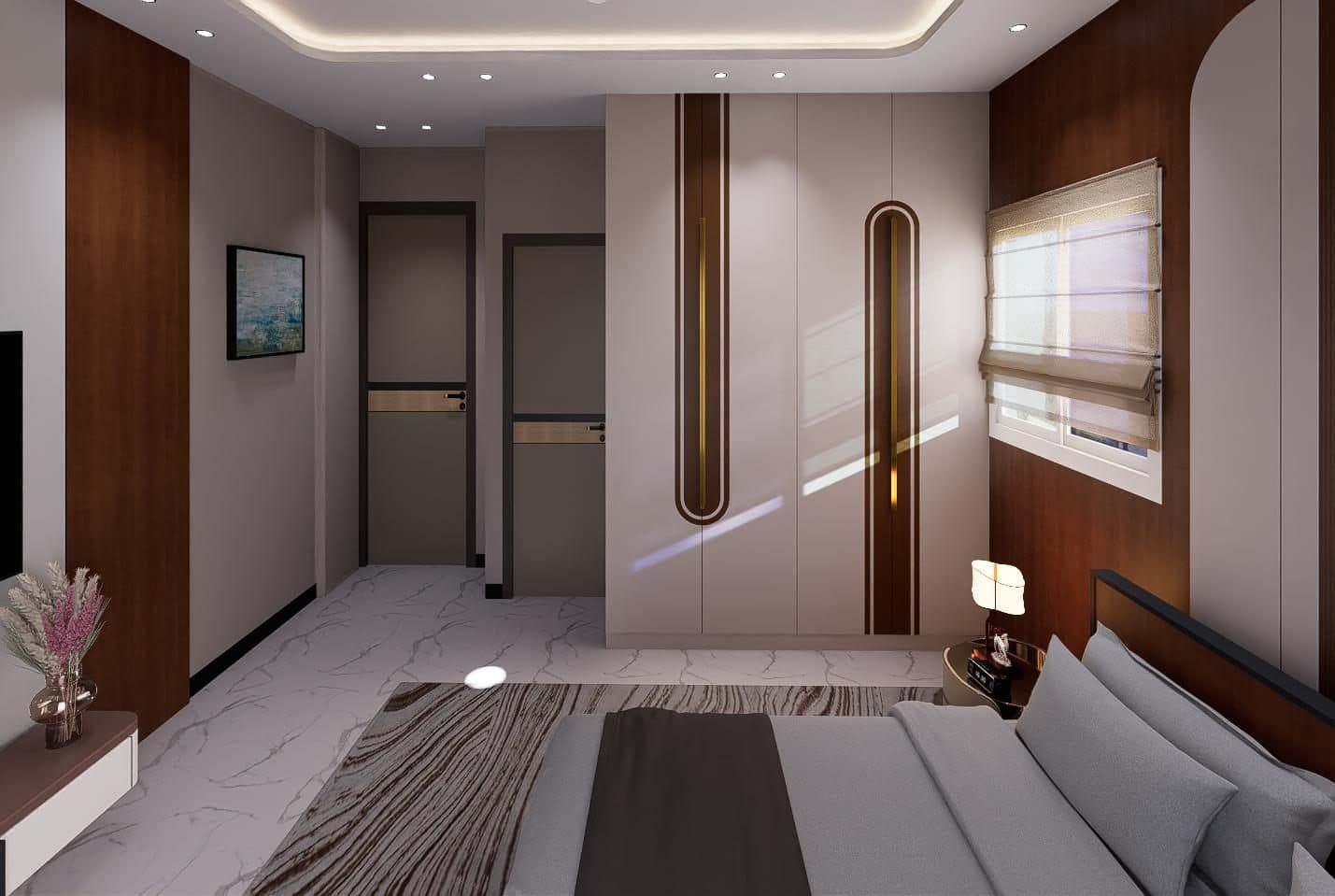 Arc-inlay shutters and the passage to the bathroom.