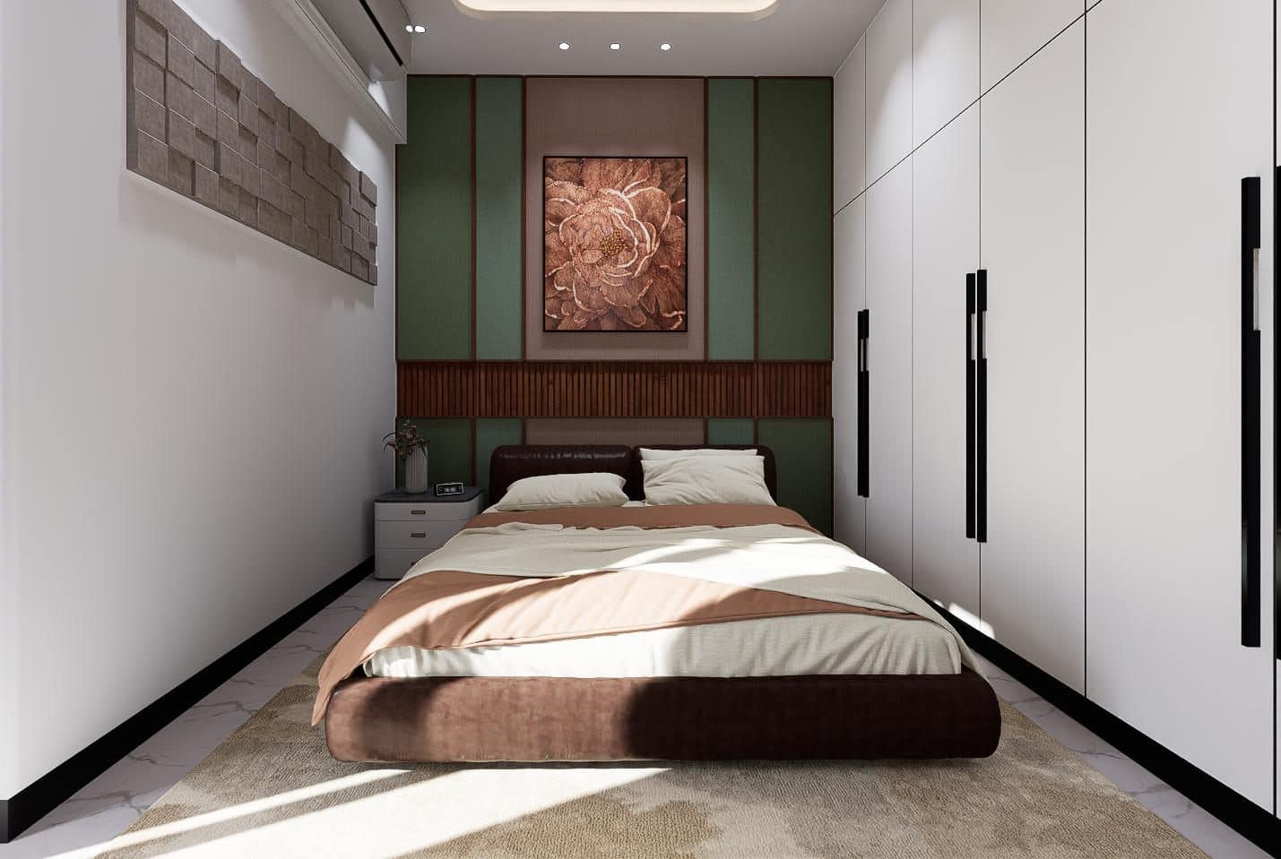 Green fabric panels framing a large floral canvas.