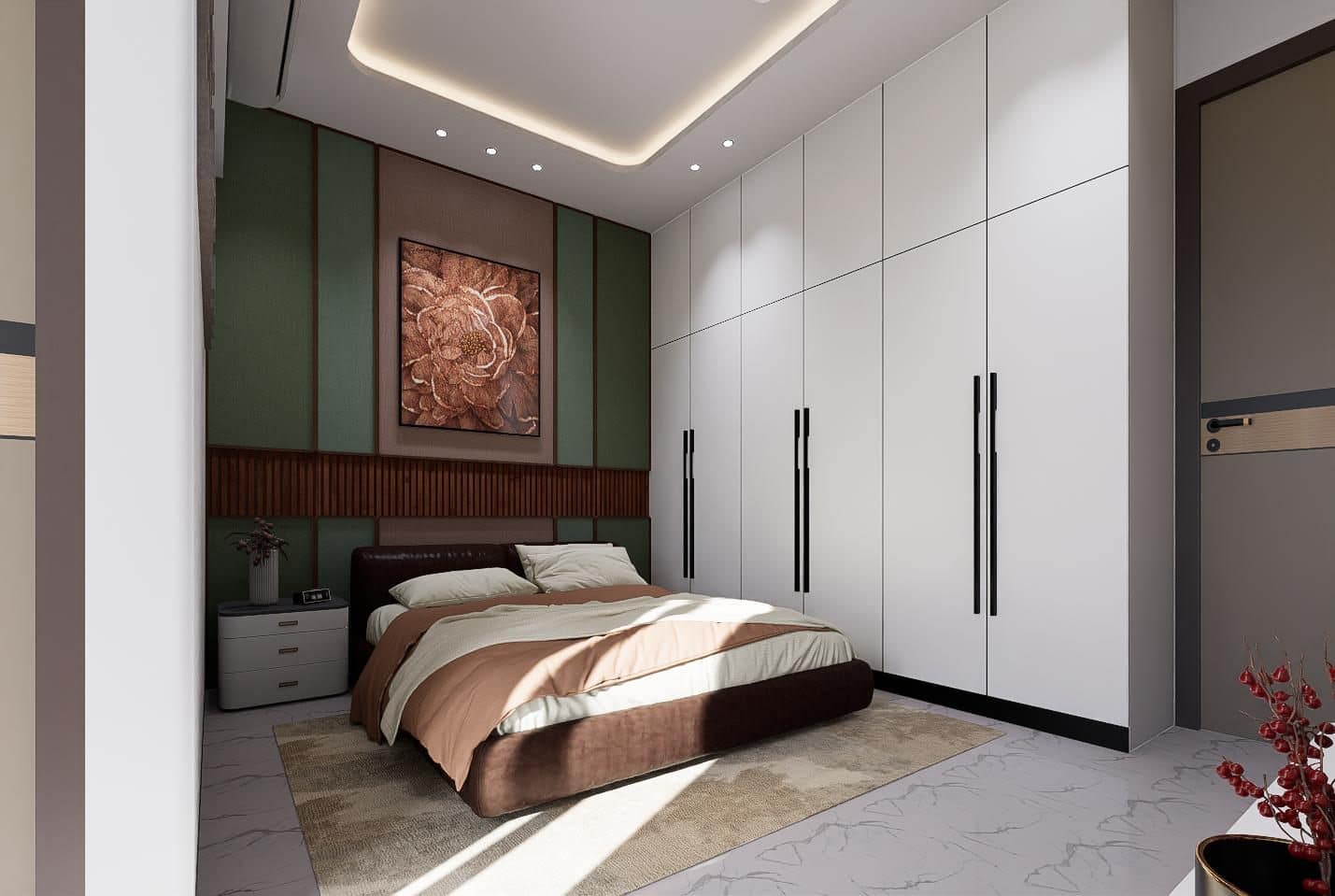 Full white wardrobe wall with slim black handles.