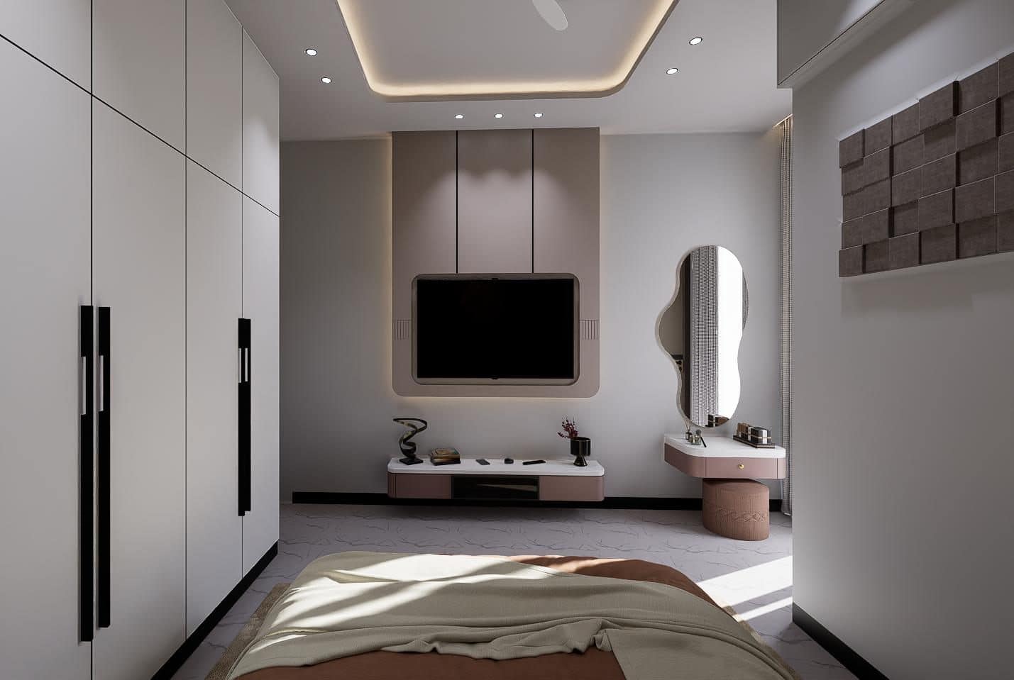 Taupe panel with a rounded TV recess and wavy mirror.