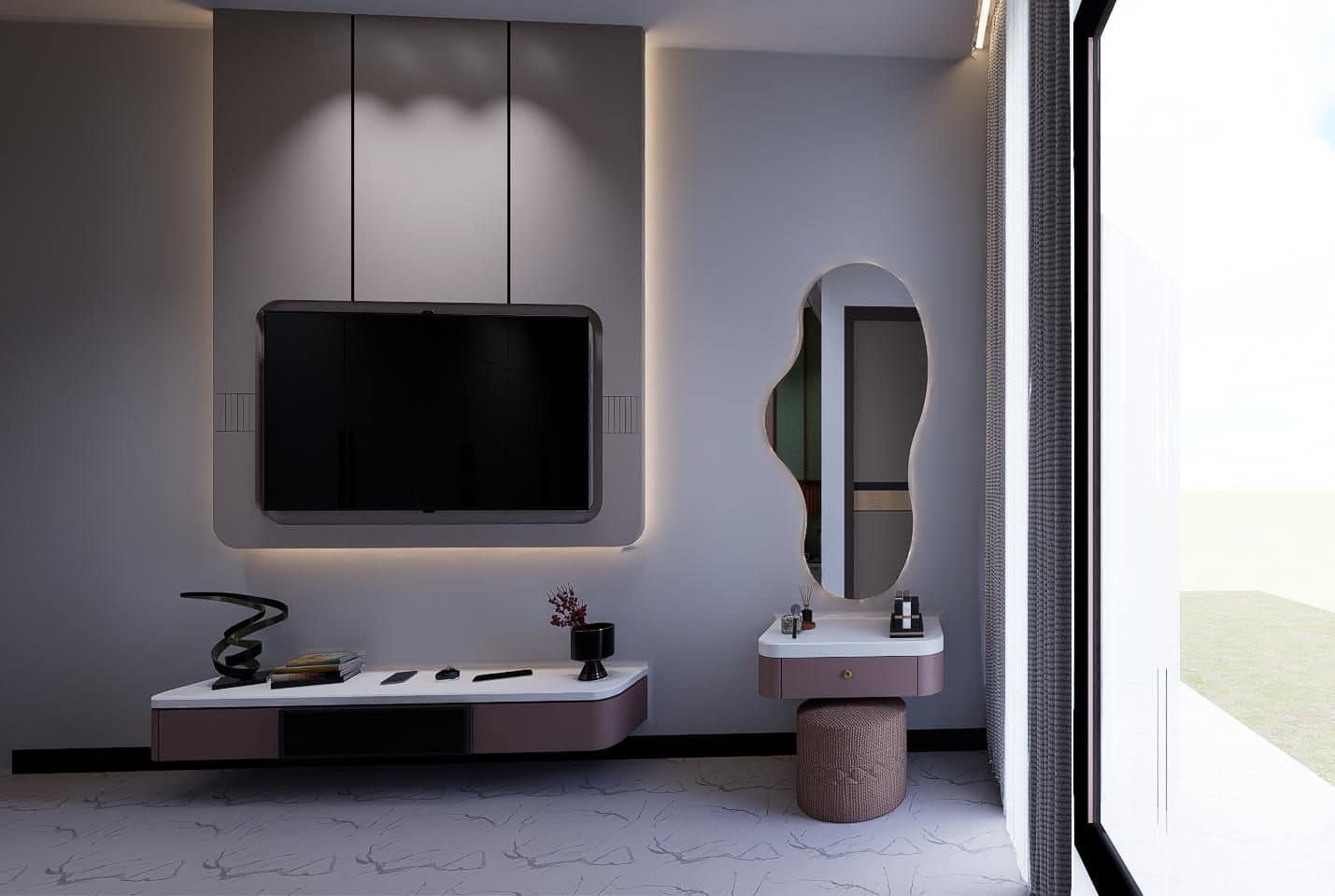 Close study of the media unit and sculptural mirror.