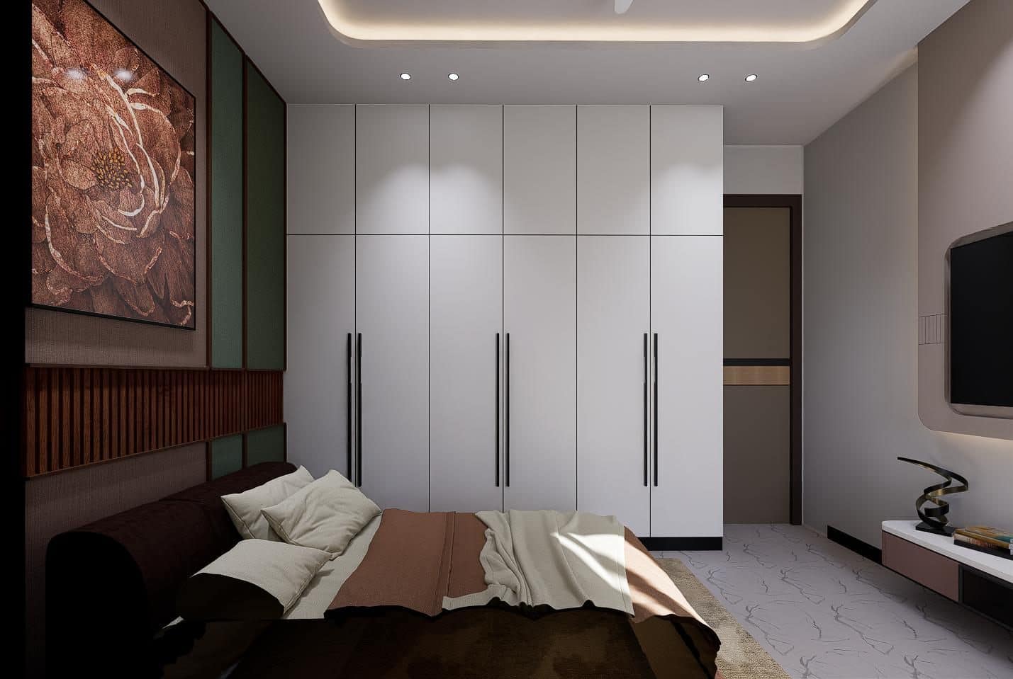 Wardrobe bank viewed across the bed.