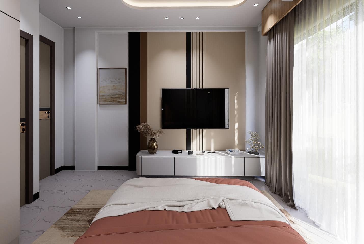 Beige panelling with black reveals and a floating console.