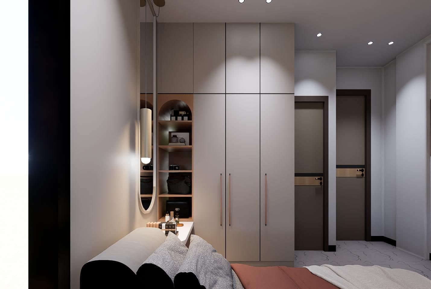 Wardrobe with open display shelving and arched mirror.
