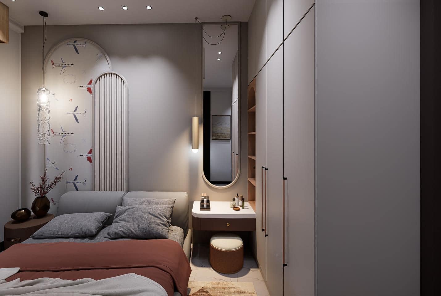 The complete composition — arch, bed, vanity and storage.