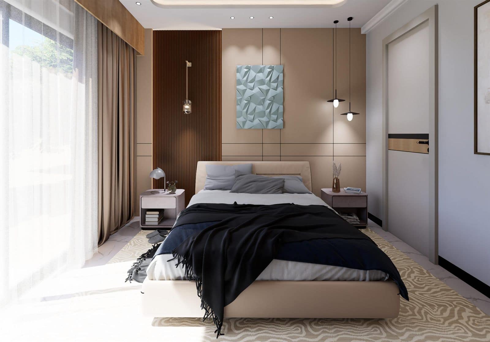 Upholstered bed framed by fluted walnut and a sculpted teal relief panel.