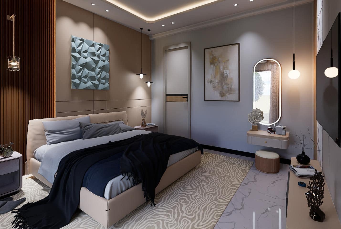 Full-room view linking the sleeping zone to the vanity corner.