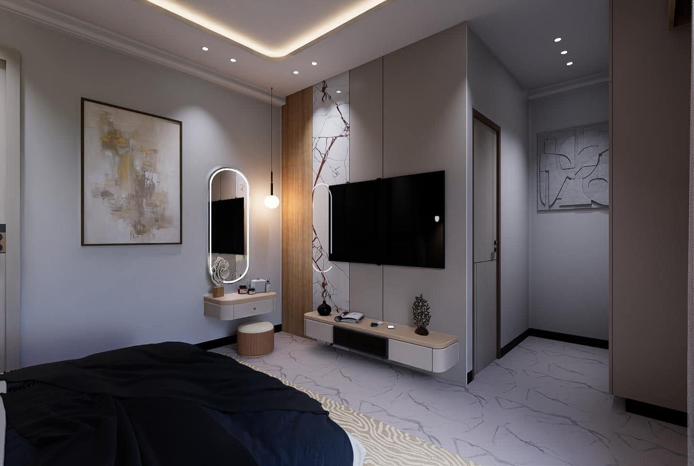 Red-veined marble slab anchoring the television and floating console.