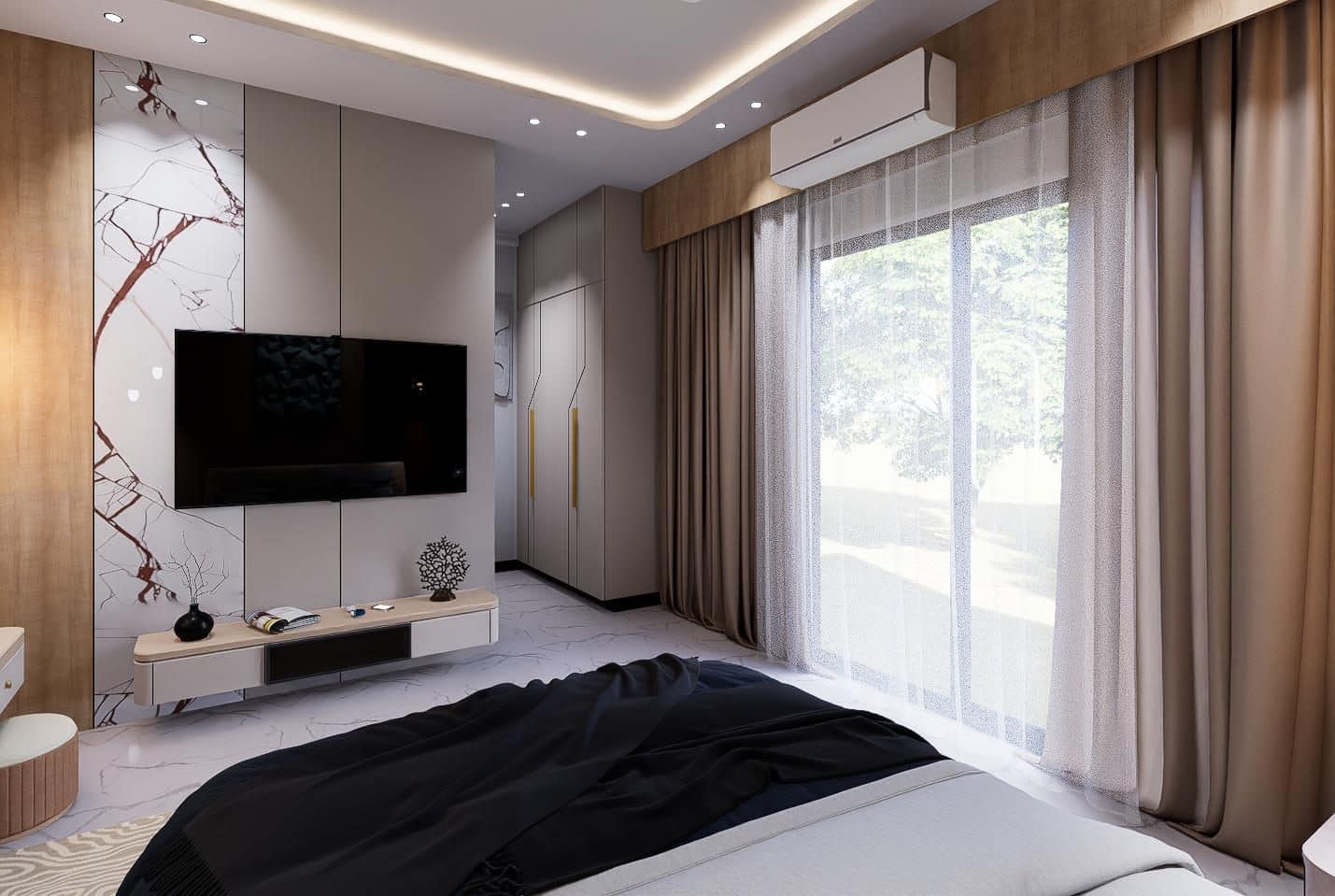 Floor-to-ceiling glazing with sheer and blackout drapery layers.