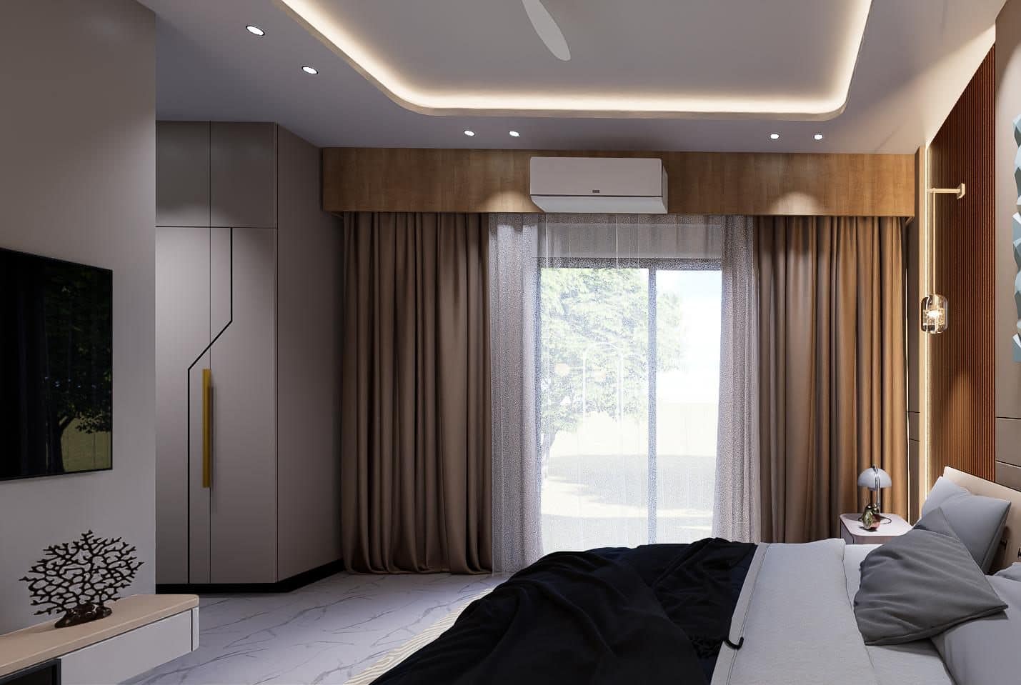 Full-height storage detailed with a geometric groove pattern.