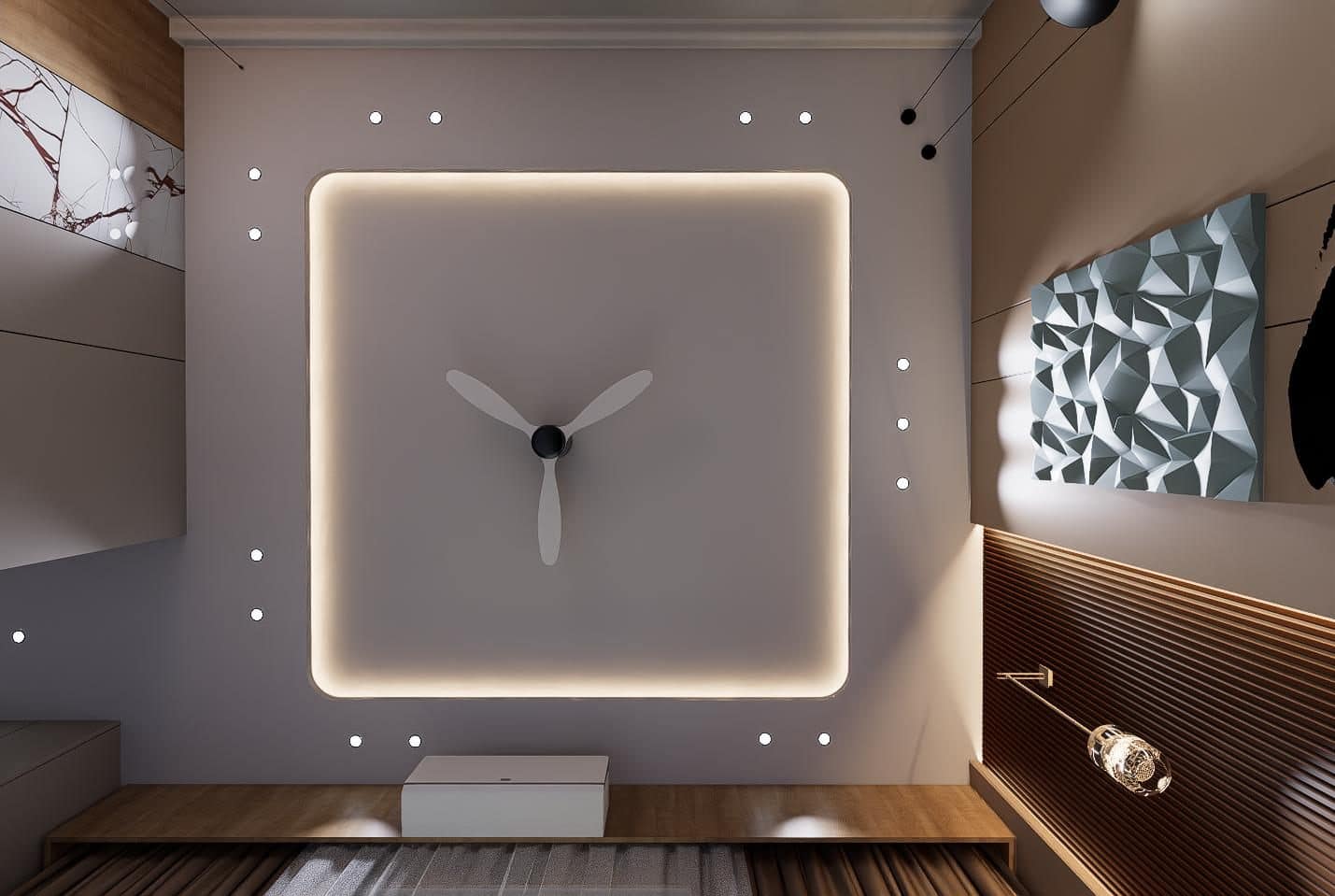 Square cove with a recessed profile and slim-blade fan.