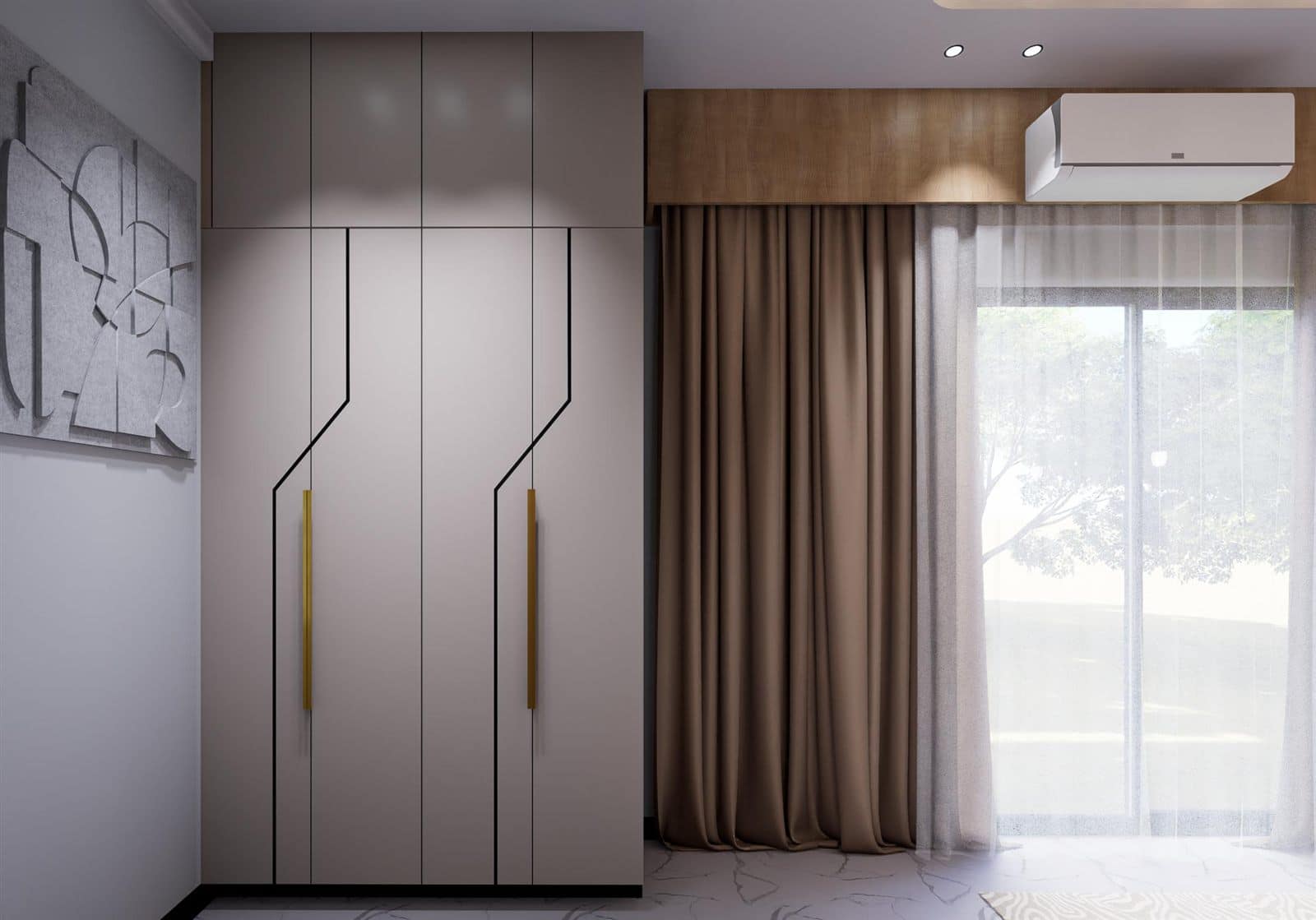 Wardrobe elevation set against soft felt wall art.